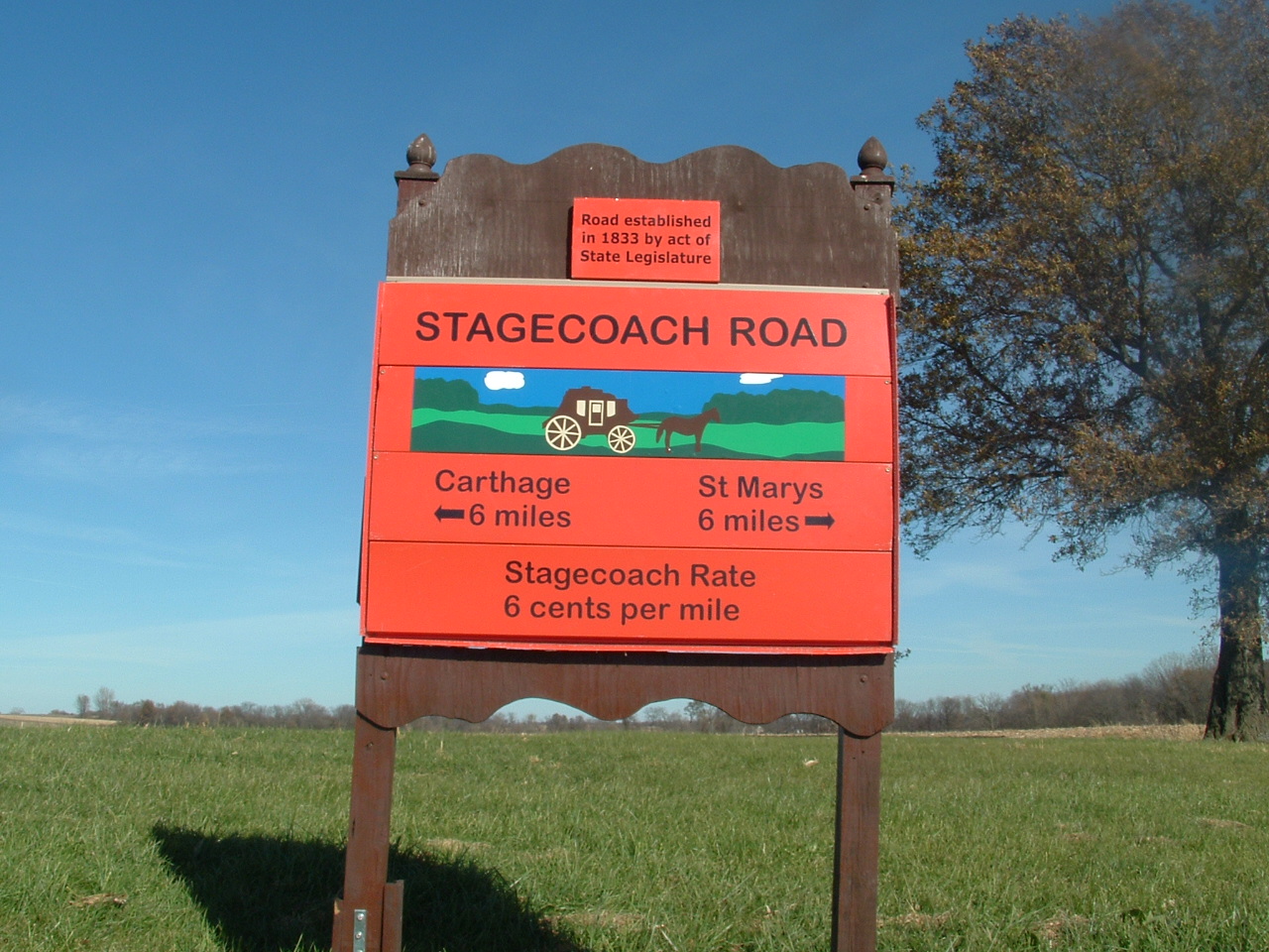 New sign installed in 2005, and repaired in 2010, marking the old stagecoach road which went past the Old Brick Church in pioneer days. The sign is located on land owned by the cemetery association.